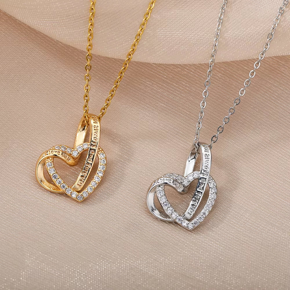 Double Love Heart Pendant Necklace for Women Stainless Steel Gold Color Necklaces Couple Jewelry Valentines Day Gift