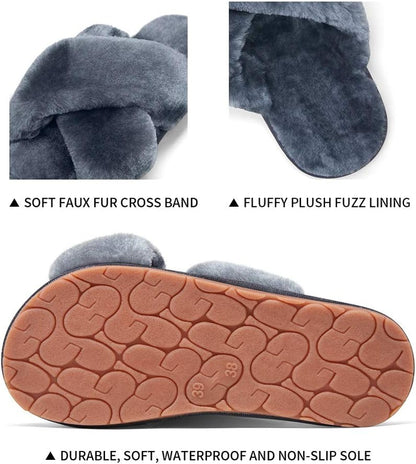 Women'S Cross Band Slippers Soft Plush Furry Open Toe Fur Slides Fuzzy Fluffy Slip on House Shoes Indoor Outdoor Slippers