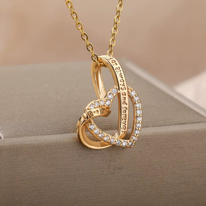 Double Love Heart Pendant Necklace for Women Stainless Steel Gold Color Necklaces Couple Jewelry Valentines Day Gift