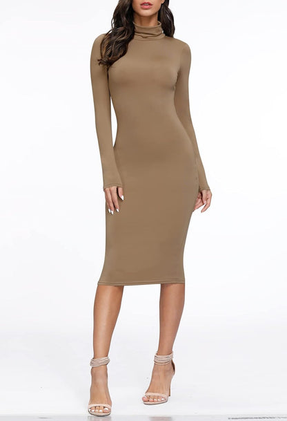 Womens Turtleneck Long Sleeve Bodycon Midi Sheath Dress