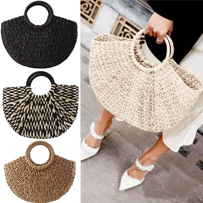 Women New Straw Handbags Woman Handmade Woven Basket Rattan Handbag for Femme Ladies Simple All-Match Handbag