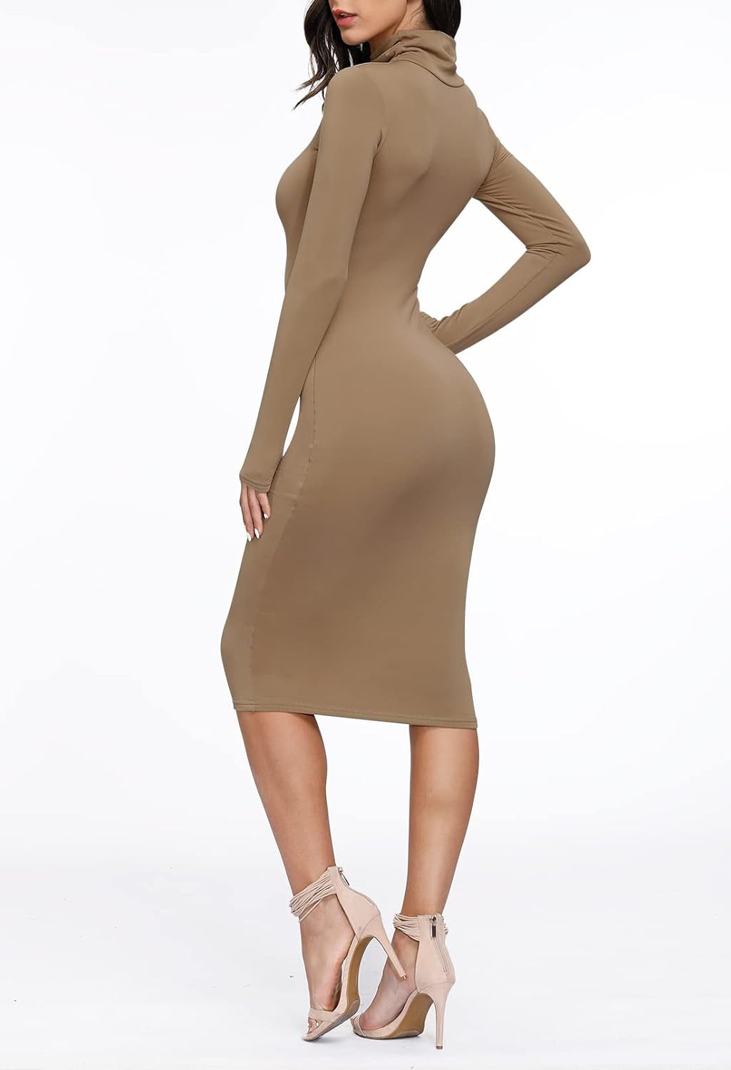 Womens Turtleneck Long Sleeve Bodycon Midi Sheath Dress