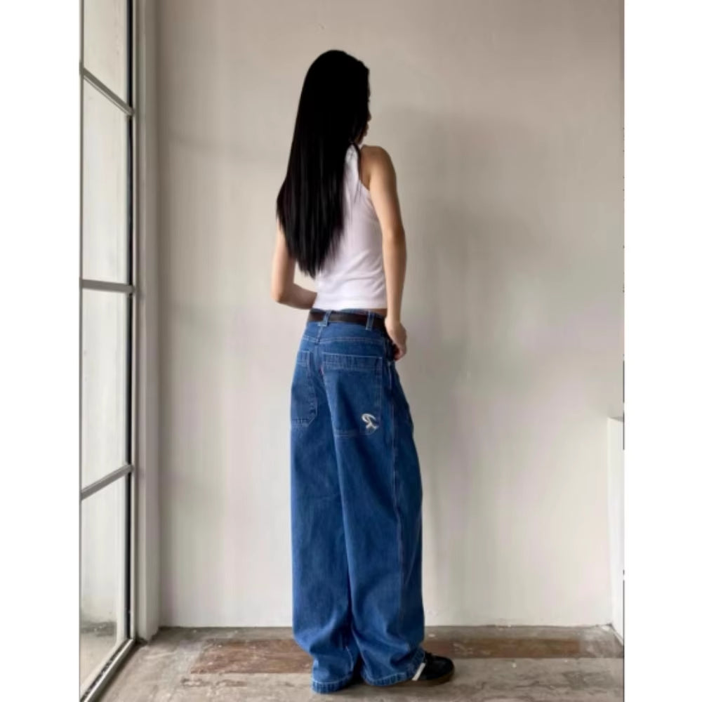 Streetwear Vintage Y2K Jeans Women Striaight Pocket Harajuku Casual Pantalon Female Embroidery Denim Trousers Korean Couple Pant